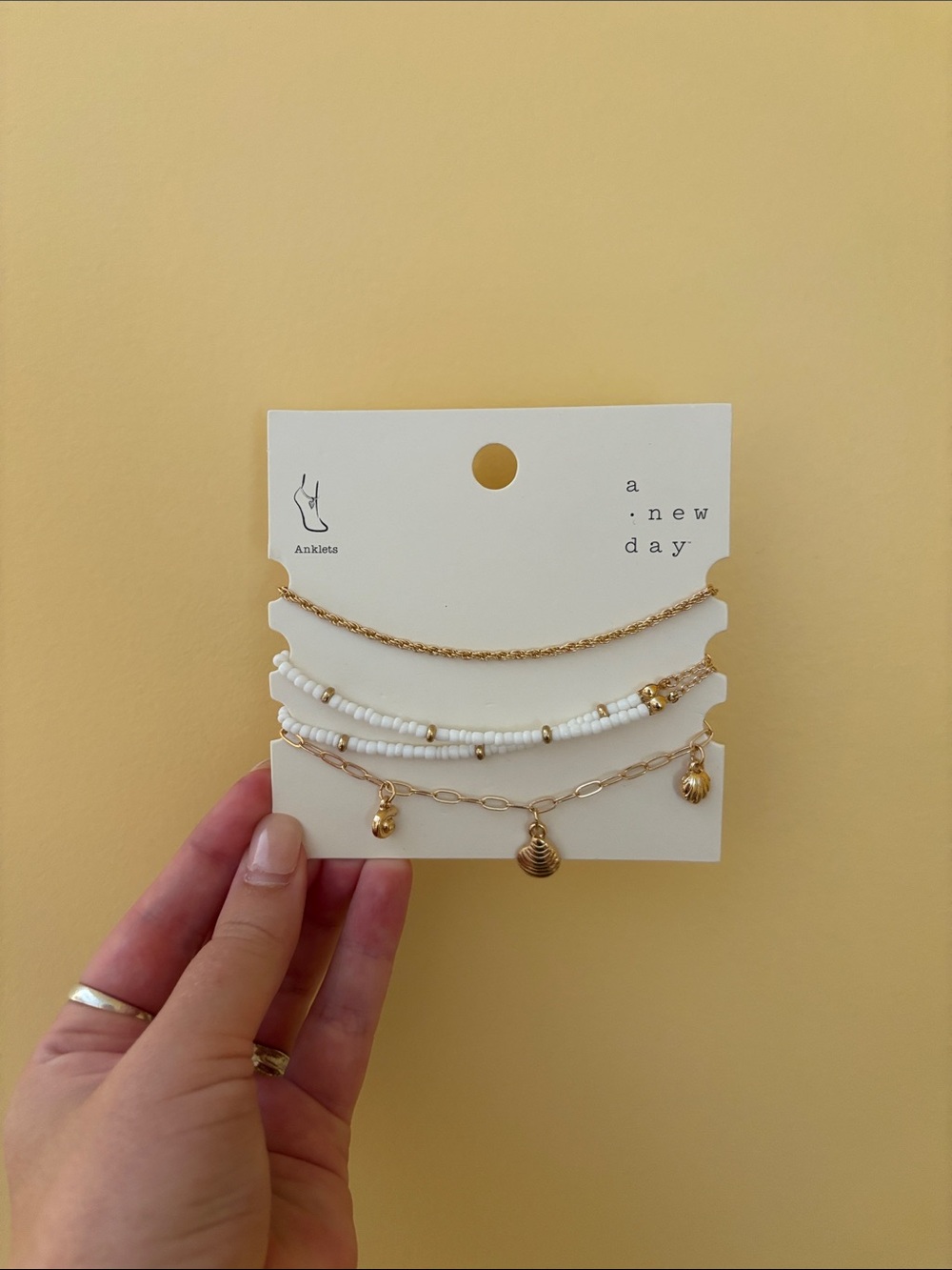 a new day Gold and White Layered Anklet Bracelet Set with Shell Charms